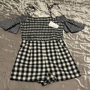 NWT $168 WOLFE The Label Black and white checkered  Ruffle Strap Romper